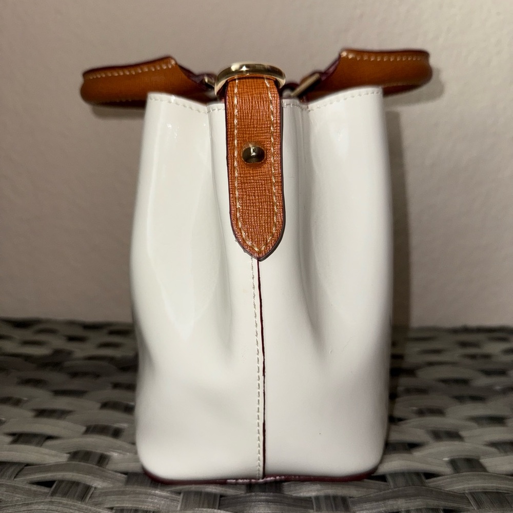 Dooney & Bourke Mini White Patent Leather Satchel Tote with Brown Leather Strap - Picture 10 of 17